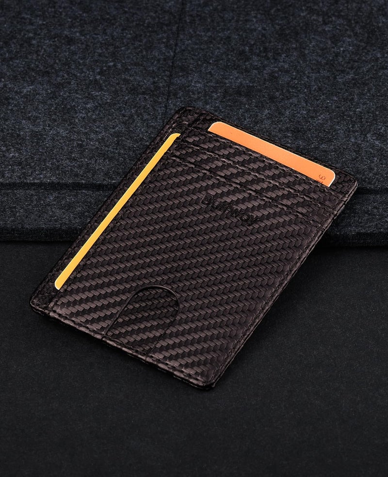 Buffway Slim Minimalist Front Pocket RFID Blocking Leather Wallets for Men and Women - Carbon Fiber Coffee - Image 4